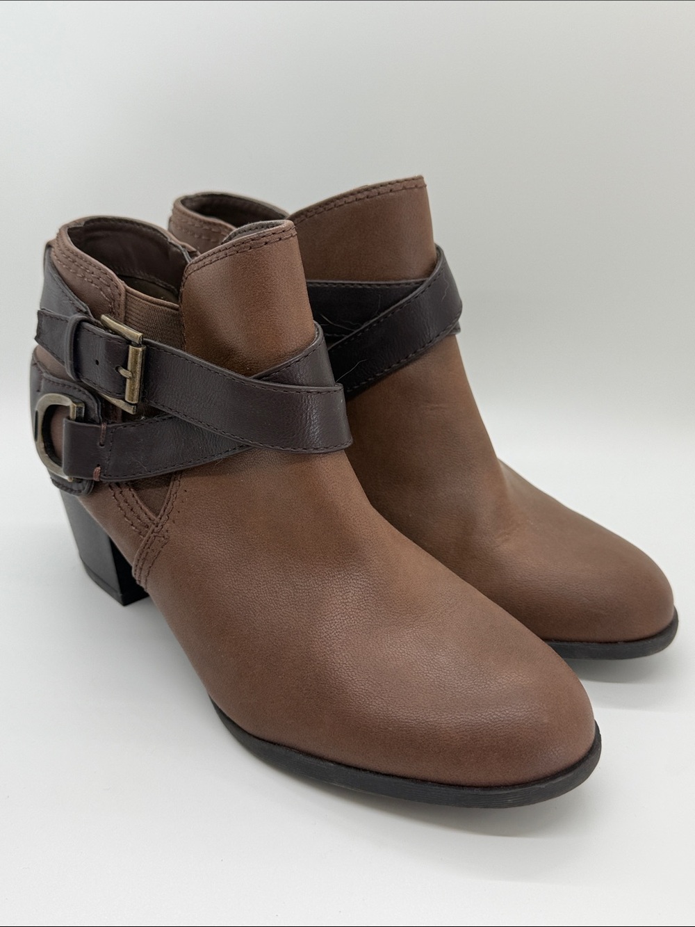Indigo Two-Tone Brown Ankle Booties with Buckle Strap